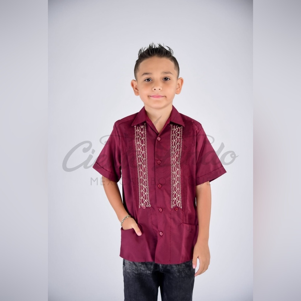 Mexican Fine Cotton Embroidered Guayabera for Babies & Boys Burgundy